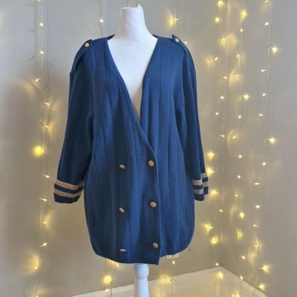 Vintage 1990s Lizsport Knit Cardigan Sweater Double Breasted Nautical Preppy SP - Picture 3 of 11